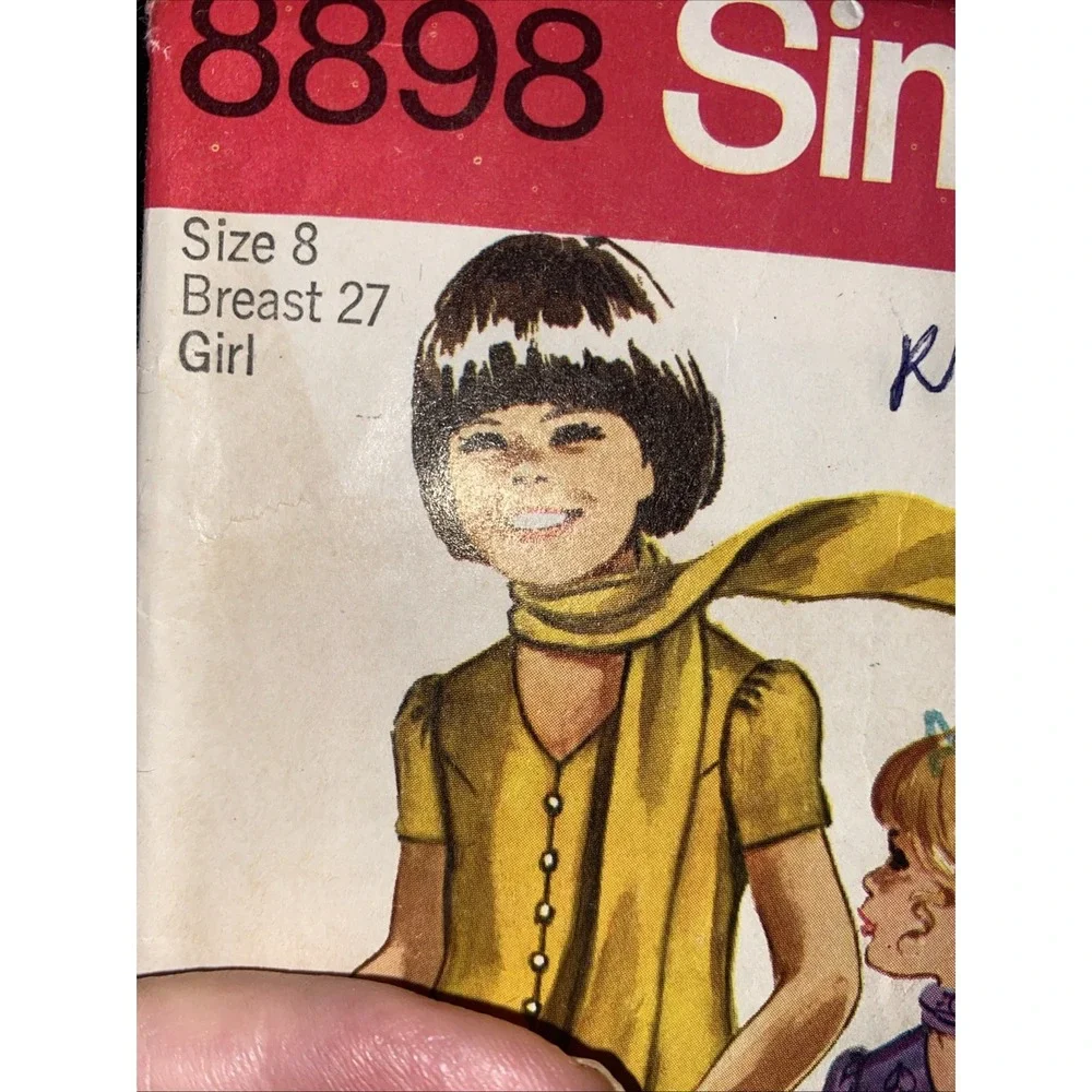 Vintage 1970 Simplicity 8898 Sewing Pattern Size 8 Girls Jiffy Dress Scarf Cut